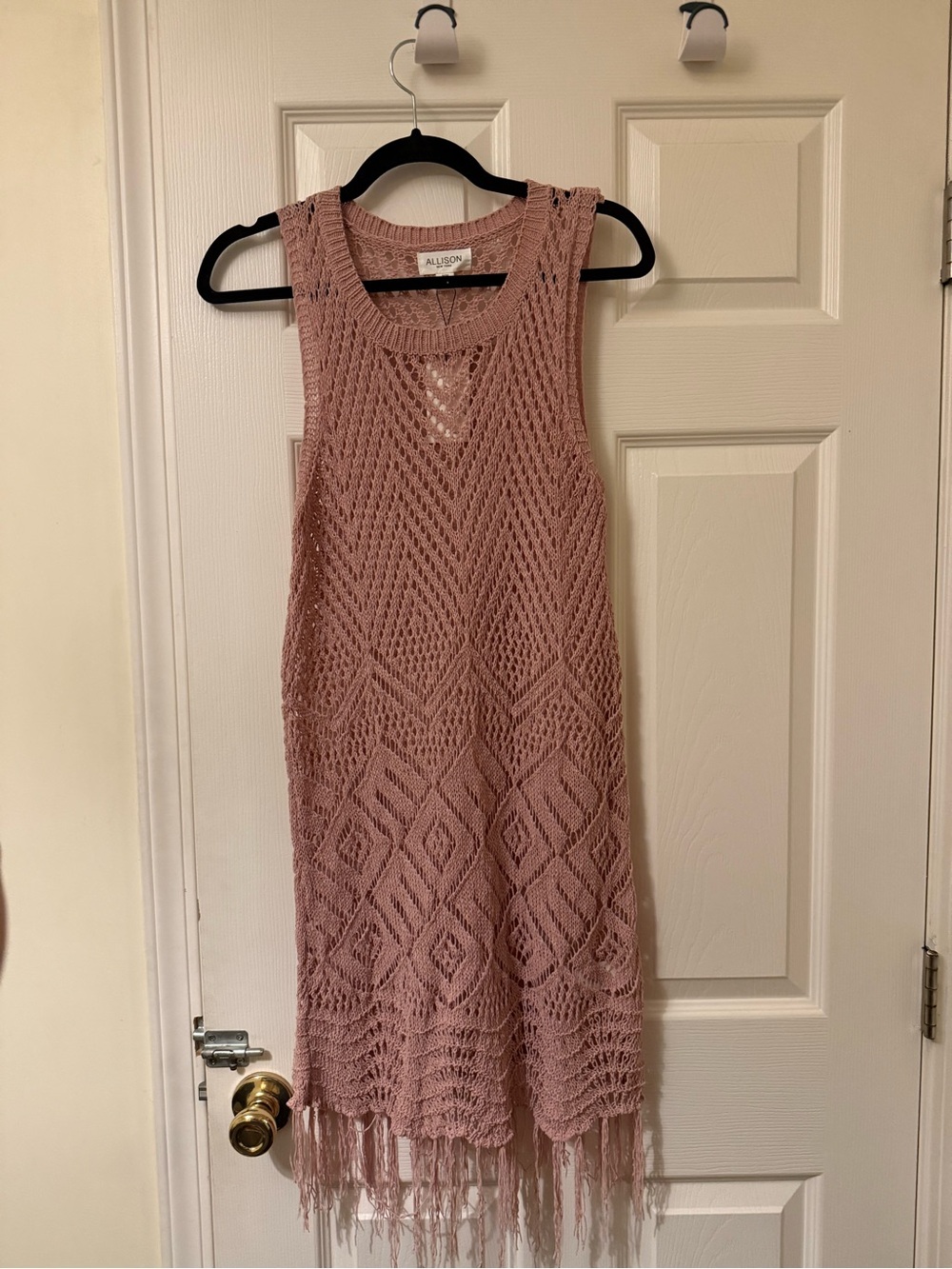 Sheer Knit Fringe Midi Dress in Mauve Pink, great for the beach